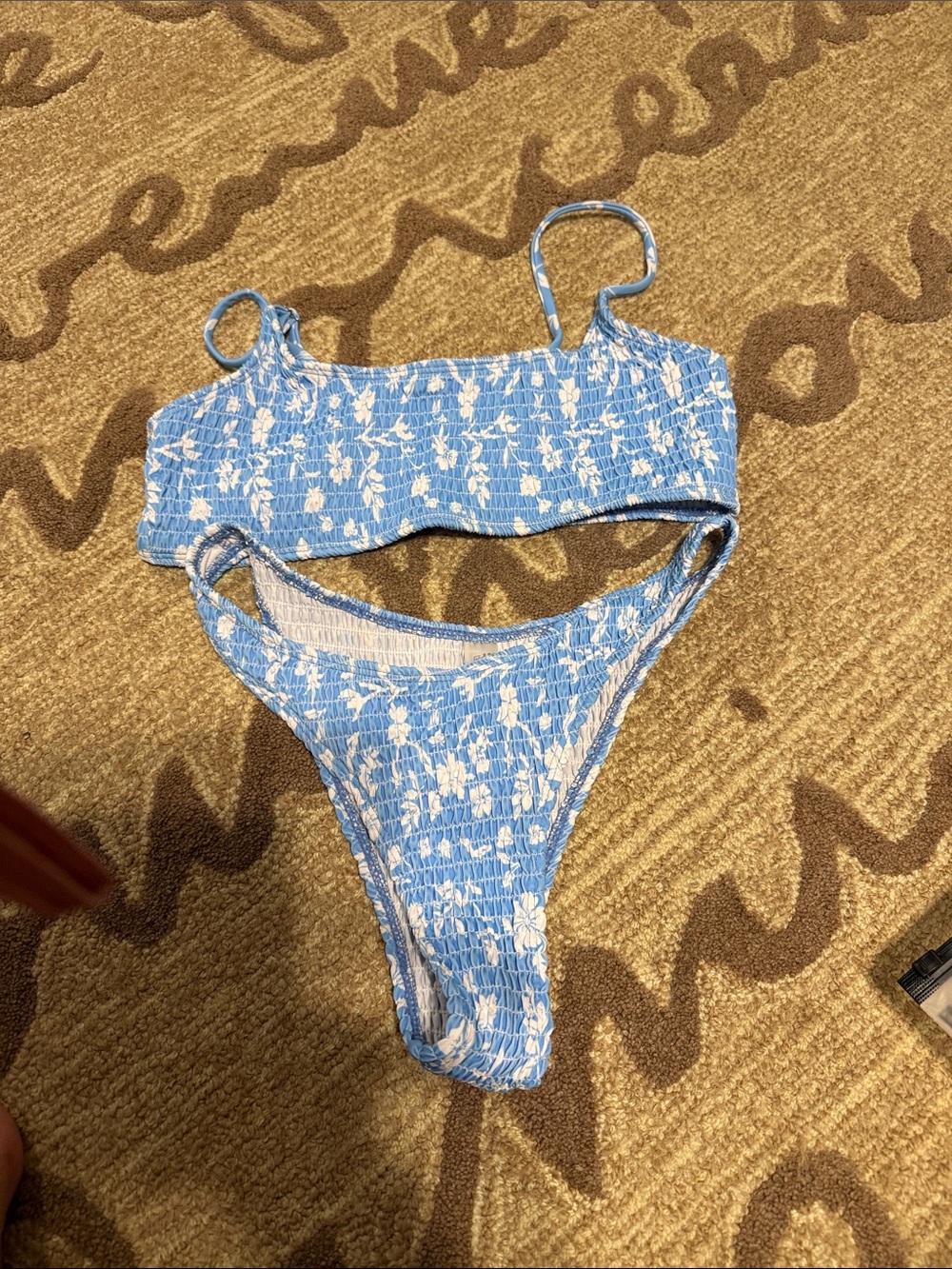 SHEIN Light Blue & White Smocked Floral Bikini Set